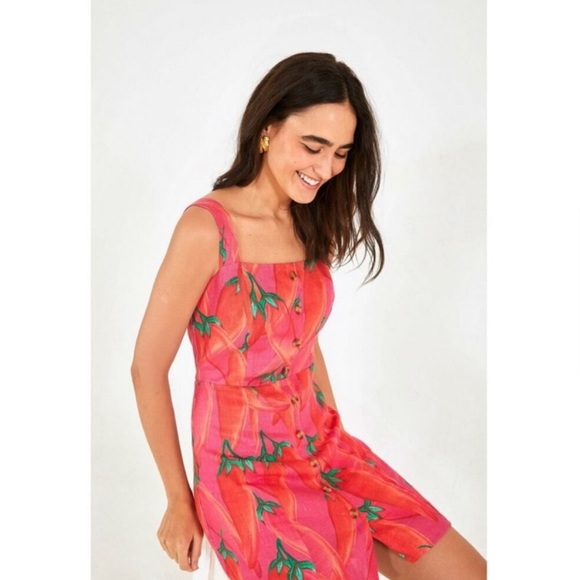 FARM Rio Red Pepper Tropical Linen Mini Dress Sz XS Resortwear Vacation - Picture 3 of 10